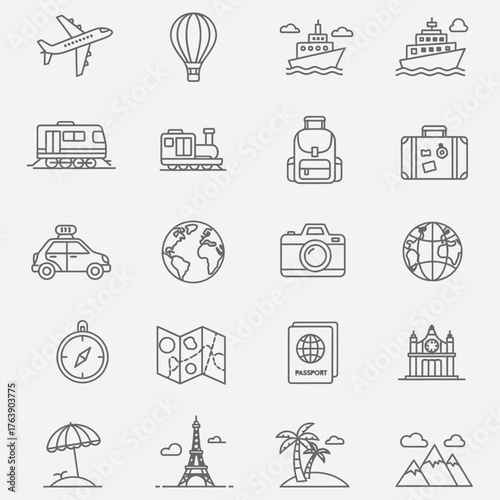 Minimalist outline vector icons set for education and school supplies, representing essential learning tools and academic symbols for academic projects