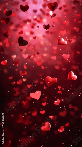 Floating Glitter Hearts Create a Romantic Atmosphere in Pink and Red Hues During a Festive Celebration