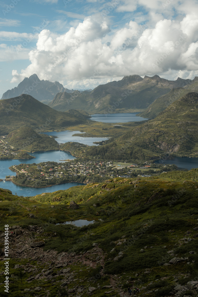 Obraz premium Impressive views of Lofoten from a hill peak. 