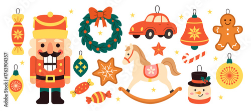 Festive Christmas ornaments and holiday toys with nutcracker, wreath, gingerbread man, candy cane, bell, toy car, and star. Cheerful vector illustration for winter celebration and seasonal decor