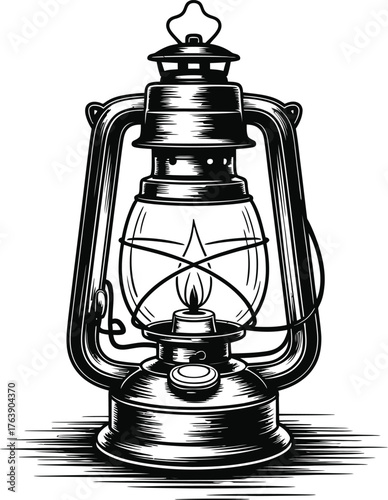 Vintage hurricane lantern with flame burning brightly detailed sketch silhouette