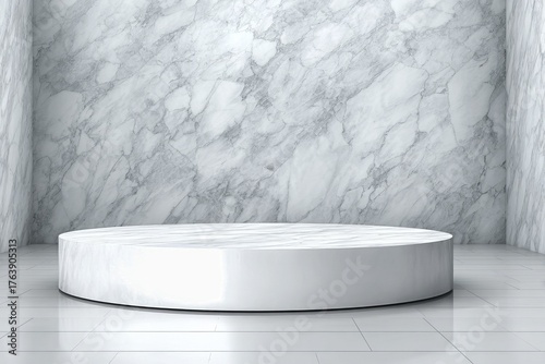 Modern Circular Display Platform Against a Marble Textured Wall in a Bright, Minimalist Space