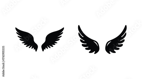 Two sets of black feathered wings isolated on a symbolizing freedom and angelic imagery.