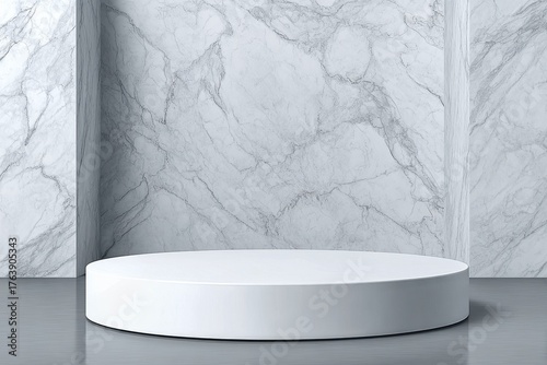 Modern Circular Display Platform Against a Marble Textured Wall in a Bright, Minimalist Space