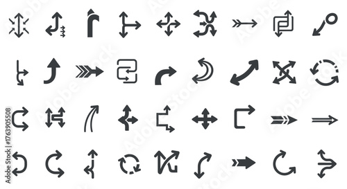 A comprehensive collection of diverse arrow icons representing various directions and movements.
