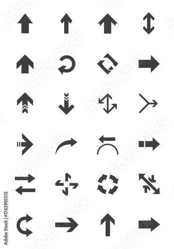 A diverse set of black arrow icons for user interface design.