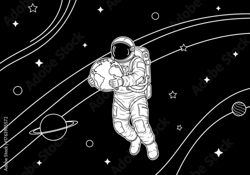 Astronaut Holding Earth in Space Surrounded by Planets and Stars.