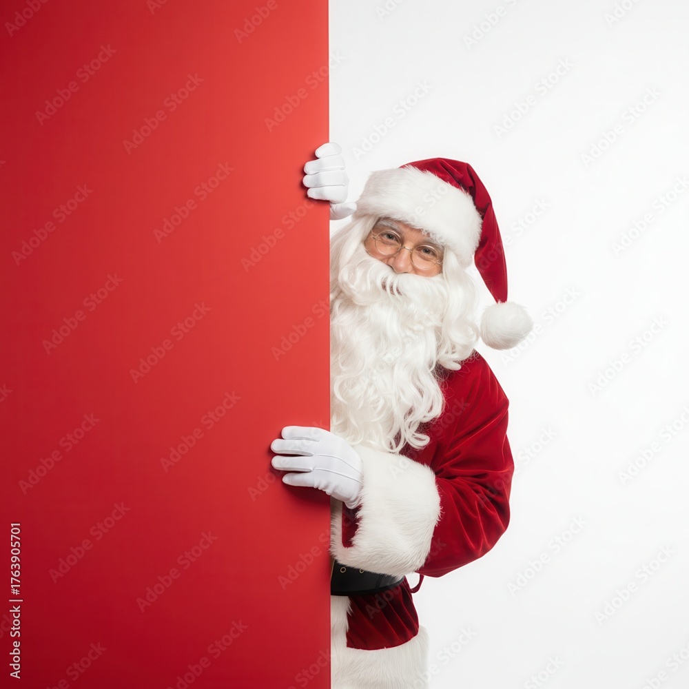 Naklejka premium Santa Claus peeking from behind a bright red blank space, offering a cheerful holiday greeting