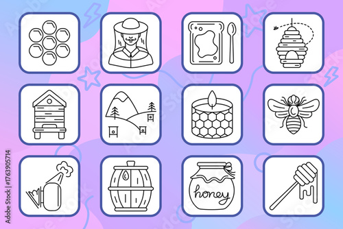 Beekeeping set icon. Honeycomb, beekeeper, toast, hive, bee, apiary, mountain, smoker, barrel, honey, dipper, candle. Nature, farming, insect.