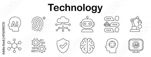 Technology set icon. AI head, fingerprint, robot, neural brain, circuit, cloud, gears, security shield, monitor, network, facial profile, code in bold outline style