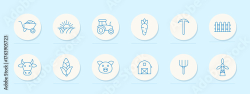 Farming set icon. Circular outlined icons showing tractor, barn, cow, pig, corn, carrot, sunrise, windmill, pitchfork, fence, and wheelbarrow with agriculture-related imagery