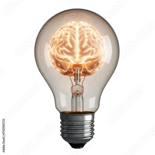 Illuminated brain within a clear glass lightbulb symbolizing innovation and cognitive power isolated on transparent background