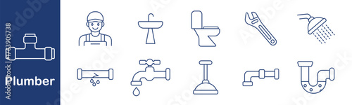 Plumber set icon. Worker, sink, toilet, wrench, shower, pipe, leak, tap, plunger, trap. Repair, water, tool, job, maintenance, bathroom, service, drain, fix, construction.
