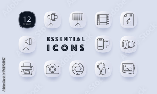 Photography set icon. Studio light, softbox, LED panel, film strip, memory card, camera, lens, flash, printer, aperture, tripod, magnifier, photo frame in clean outline design.