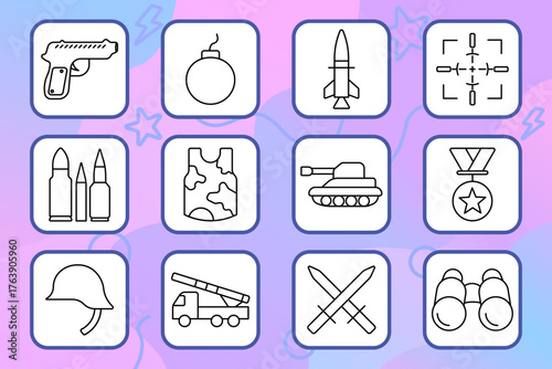 Military set icon. Gun, bomb, rocket, tank, helmet, target, missile, bullets, camouflage, medal, binoculars, truck, swords, battle, weapon, defense, army, soldier, strategy, victory