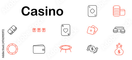 Casino set icon. Slot, card, dice, chip, tokens, wallet, money, roulette, exchange, bet, game, reward, drink, spin, risk, bag, play, dollar, wager, transaction.