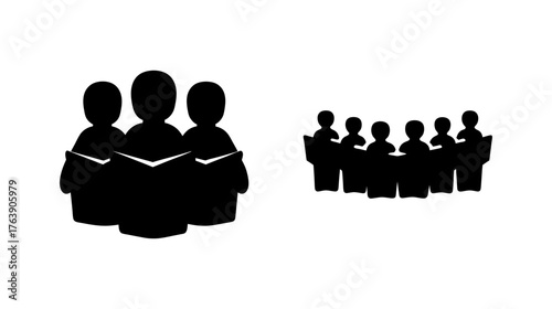 Silhouettes of carolers singing festive holiday music and a group meeting around a table representing community