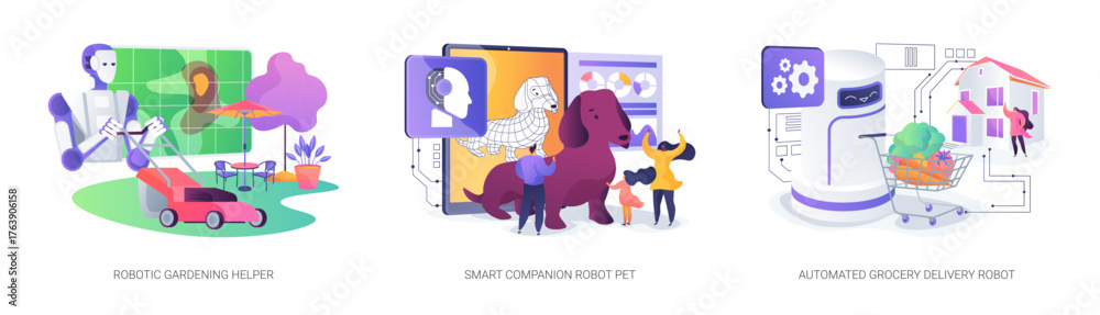 Naklejka premium Smart Garden, Pet, Delivery Robots abstract concept vector illustrations.