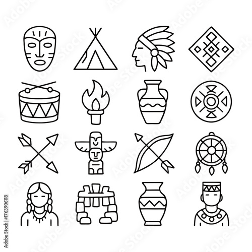 Collection of ethnographic icons tribal cultural symbols native american heritage art vector