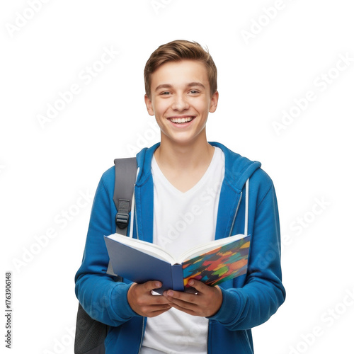 Smiling young male student with backpack holding an open book ready for learning and education isolated on transparent background