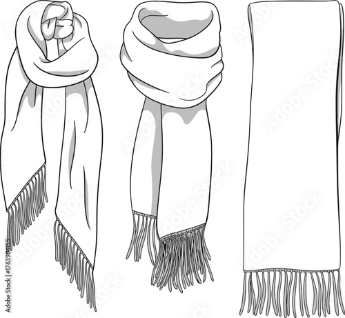scarf illustration, fashion accessory, neckwear design, winter clothing, monochrome sketch, flat vector, cad drawing, line art style