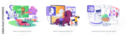 Smart Garden, Pet, Delivery Robots abstract concept vector illustrations.