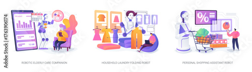 Care, Laundry, and Shopping Robots abstract concept vector illustrations.