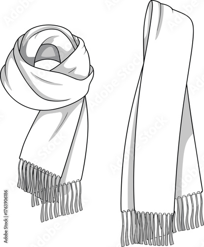 scarf illustration, fashion accessory, winter neckwear, textile design, monochrome sketch, cad drawing, flat vector, line art style