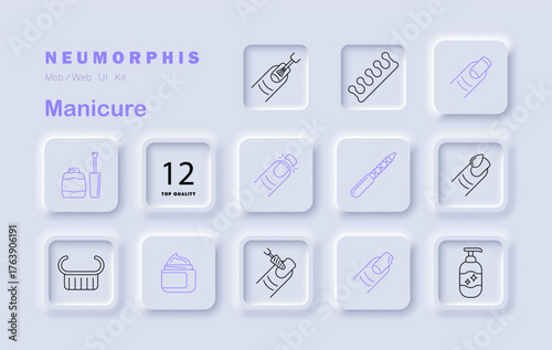 Manicure set icon. Nail polish, brushes, electric file, finger pose, lotion, buffer, nail tip, dispenser bottle, hand scrubber, toe separator in neumorphic layout