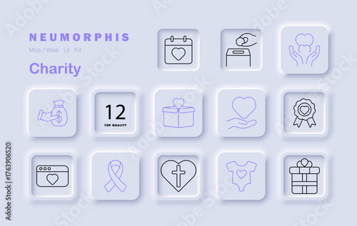 Charity set icon. Hand with heart, gift box, donation coin slot, money bag, award badge, onesie, calendar, ribbon, cross, website, heart shape in neumorphic format