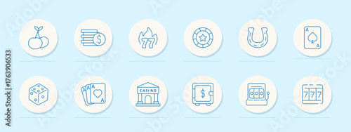 Casino set icon. Cherries, coin stack, 777 flames, chip, horseshoe, ace card, dice, poker hand, casino building, safe, slot machine, triple sevens, gambling tools.