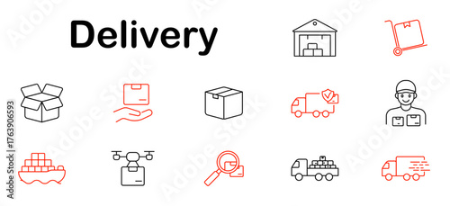 Delivery set icon. Box, warehouse, courier, truck, drone, hand, magnifier, ship, trolley, speed, check, customer, route, logistics, cargo, tracking.