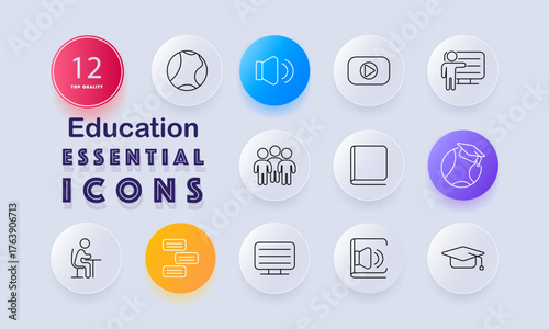 Education set icon. Speech bubble, audio symbol, video play, lecture board, book, students, desk, comment lines, text board, speaker icon, graduation cap