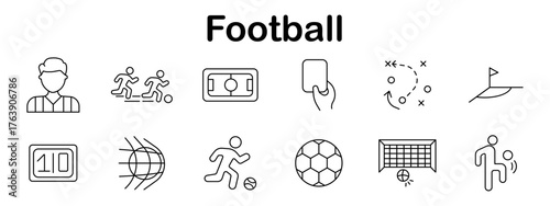 Football set icon. Referee, dribbling players, pitch, red card, tactic board, corner flag, scoreboard, net, striker, ball, goalpost, throw-in designed in linear style.