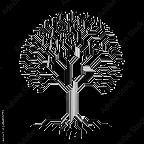 Digital Ecosystem: An intricate circuit board design meticulously forms a tree, symbolizing the interconnectedness of technology and the digital world.