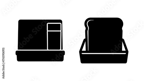 Simple silhouette icons of a microwave oven and a toast tray with bread representing breakfast preparation and meals