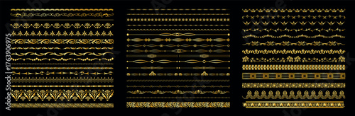 Elegant set of golden decorative dividers and borders, vector ornament. Perfect for invitations, certificates, luxury cards, packaging, and vintage design projects.