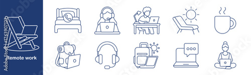 Remote work set icon. Chair, bed, headset, desk, sun, mug, backpack, conversation, chat, yoga. Laptop, communication, comfort, freelance, relaxation, lifestyle, balance, home, digital.