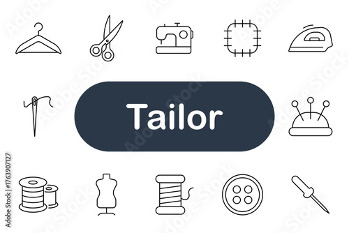 Tailor set icon. Sewing machine, needle, thread, scissors, hanger, iron, patch, mannequin, spool, thimble, button, pin cushion, textile, design, craft, stitch, fashion, work, tool, clothing