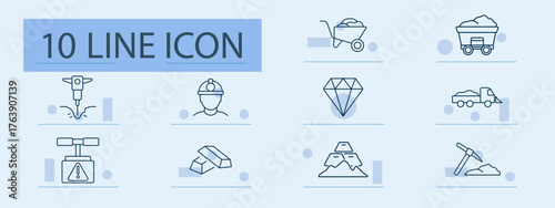 Mining set icon. Line icons showing jackhammer, miner, gold, diamond, pickaxe, truck, cart, shovel, pile, extraction process