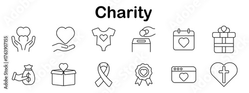 Charity set icon. Hands with heart, baby suit, donation slot, calendar, gift box, money hand, ribbon, badge, website heart, religious heart displayed in linear outline.