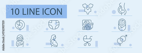Pregnancy set icon. Line icons showing fetus, diaper, onesie, pregnant woman, ultrasound, baby wrap, breastfeeding, stroller, gender, motherhood stages