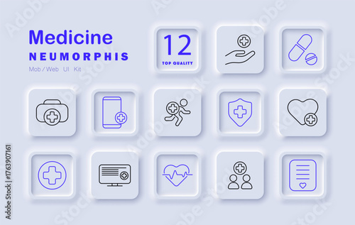 Medicine set icon. Pills, heart, insurance, mobile, hospital, cross, chart, doctor, runner, interface, aid healthcare collection with treatment, safety, monitoring, service, digital