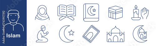Islam set icon. Man, woman, Quran, crescent, Kaaba, candle, hand, prayer, mat, mosque, moon. Religion, faith, worship, tradition, belief, spirituality, pilgrimage, symbol, ritual, devotion.