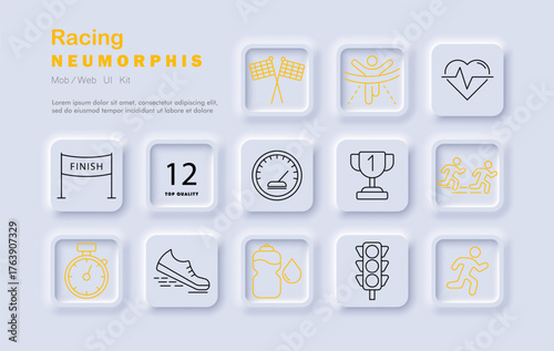 Racing set icon. Checkered flags, runner tape, heart pulse, stopwatch, finish line, sprint shoe, water bottle, traffic light, trophy, racers, sprinting man drawn in neumorphic sporty layout.