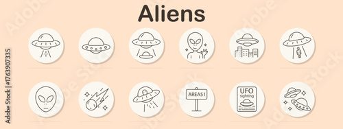 Aliens set icon. Flying saucers, UFOs, extraterrestrial, alien face, city abduction, meteor, Area 51, UFO sighting, spaceship.
