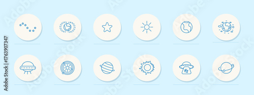 Space science set icon. Constellation, orbit, star, sun, earth, planets, UFO, satellite, ringed planet, flare, galaxy, cosmos. Astronomy, solar, fiction, universe, sky, alien, exploration, science.