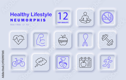 Healthy Lifestyle set icon. Fitness, sleep, diet, strength, meditation, cycling, calendar, wellness and healthy habits visualized in neumorphic icons