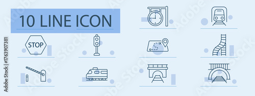 Railway set icon. Line icons showing stop sign, train, rail, signal light, barrier, tunnel, curved track, bridge, map with pin, clock