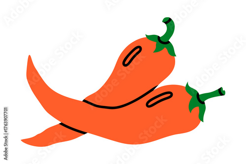 Hand drawn cute illustration of two chili peppers. Flat vector red hot spicy food  doodle. Fresh cayenne seasoning. Healthy eating sticker, icon. Mexican vegetable. Farm plant. Isolated.